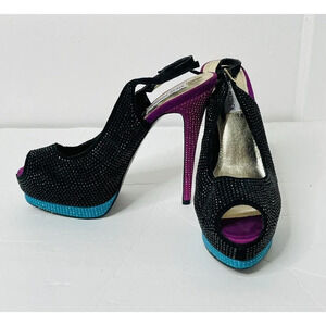 Steve Madden Masqraid Heels Sz 8.5M Rhinestones Pumps Open Toe Multicolor Party